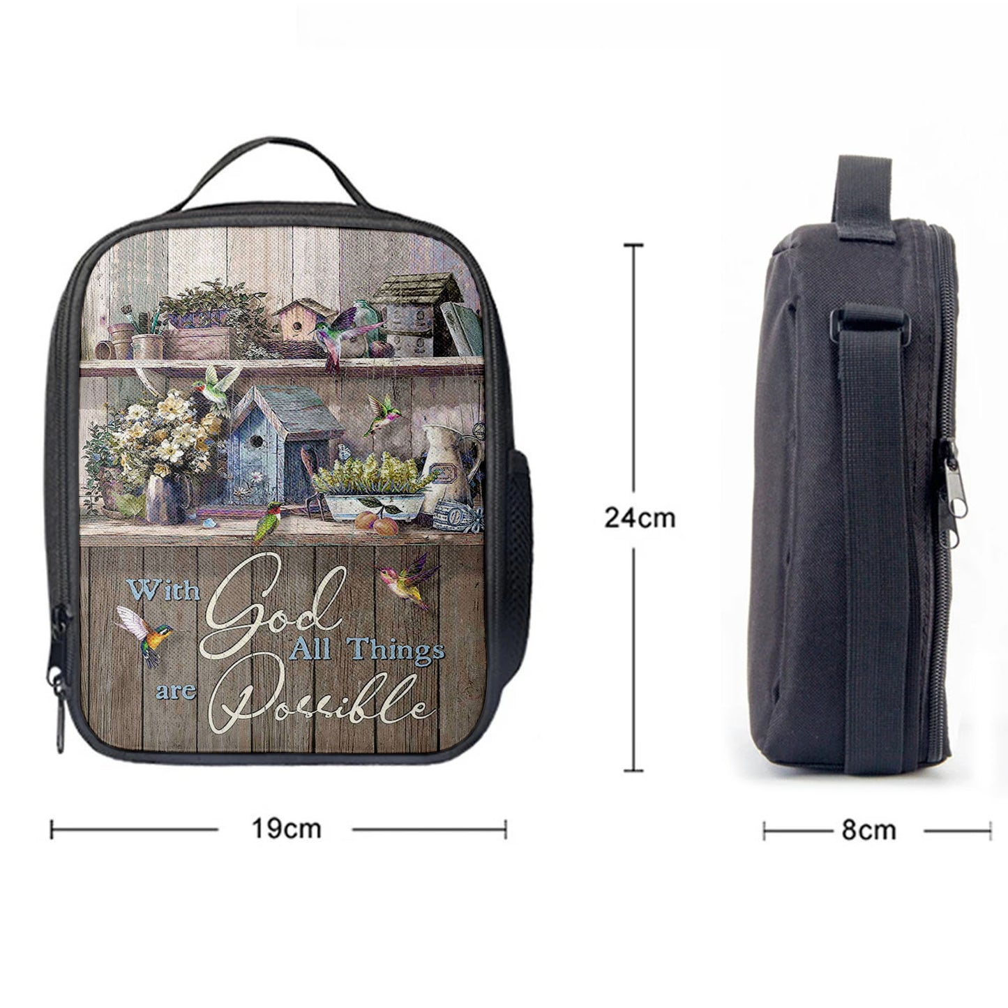 Kitchen Flowers Hummingbird With God All Things Are Possible Lunch Bag, Christian Art, Bible Verse Lunchbag, Religious Lunchbag