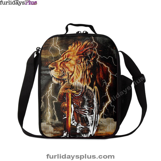 Knight Kneel In Front Of Lion Jesus Christ Warrior Lunchbag, Christian Lunchbag, Religious Art