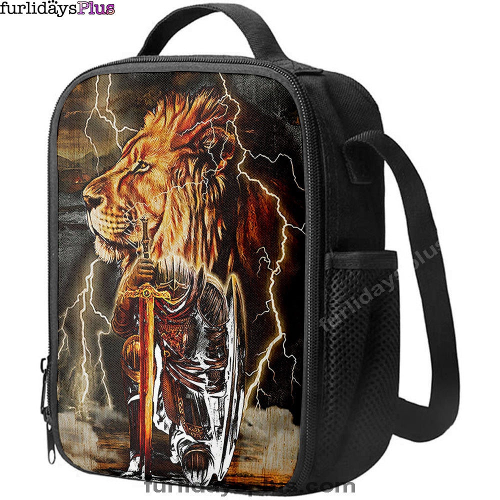 Knight Kneel In Front Of Lion Jesus Christ Warrior Lunchbag, Christian Lunchbag, Religious Art