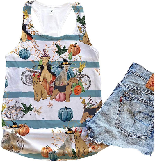 Lakeland Terrier Dog Halloween Pumpkin Retro Tank Top - Summer Casual Tank Tops For Women - Gift For Young Adults