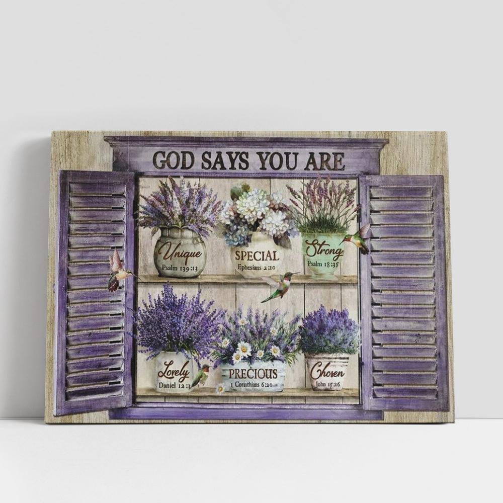 Lavender Vase, Hummingbird, Purple Window, God Says You Are Canvas Poster