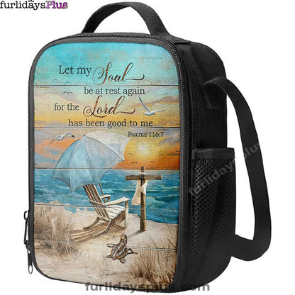 Let My Soul Be At Rest Again Blue Ocean Sunset Wooden Cross Lunchbag, Bible Verse Lunch Bag, Christian Lunchbag