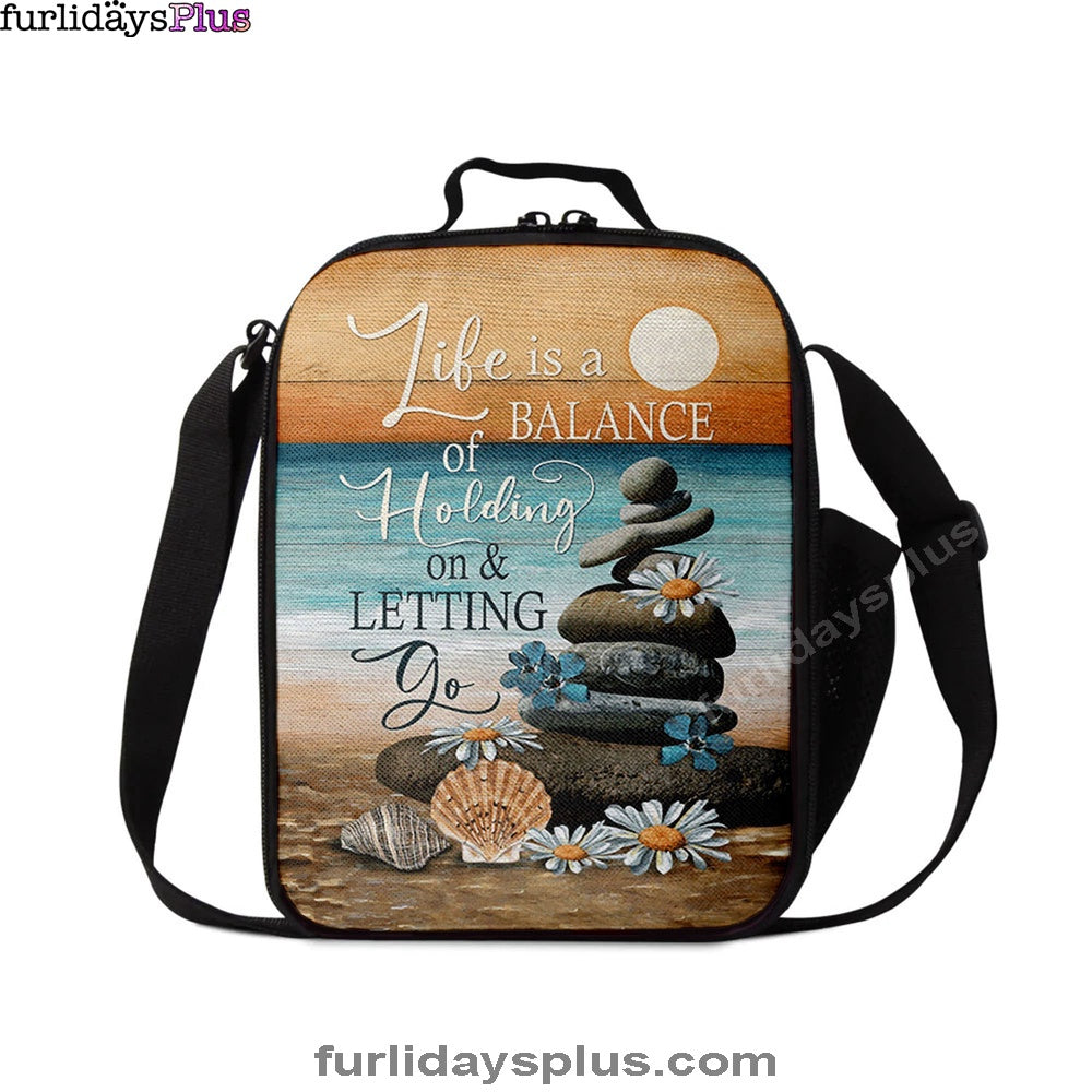 Life Is A Balance Of Holding On And Letting Go Lunchbag, Beach Scene Pebble Daisy Flower Lunchbag, Christian Lunchbag