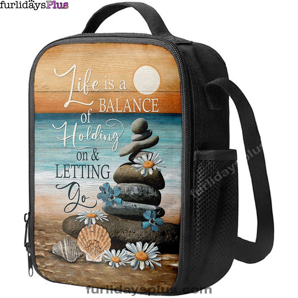 Life Is A Balance Of Holding On And Letting Go Lunchbag, Beach Scene Pebble Daisy Flower Lunchbag, Christian Lunchbag