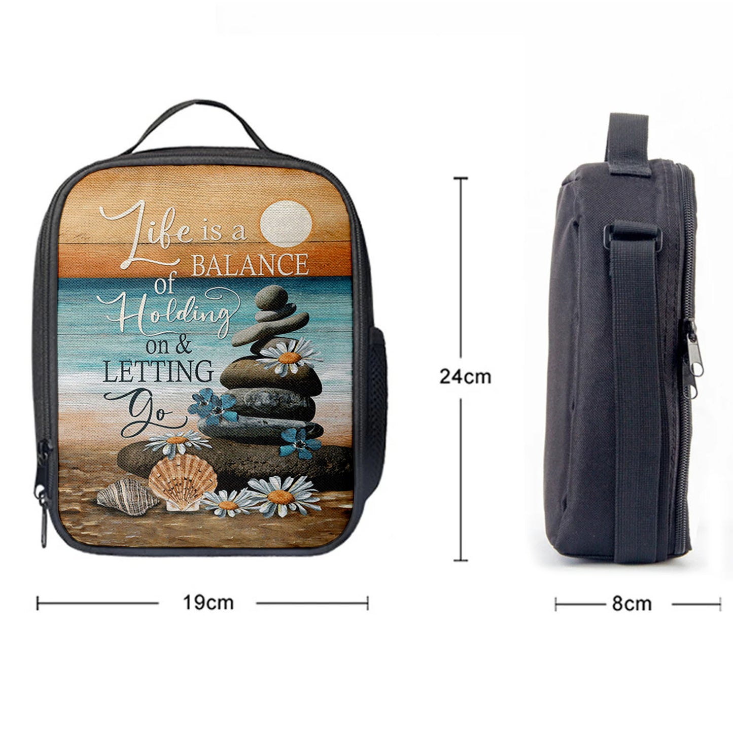 Life Is A Balance Of Holding On And Letting Go Lunchbag, Beach Scene Pebble Daisy Flower Lunchbag, Christian Lunchbag