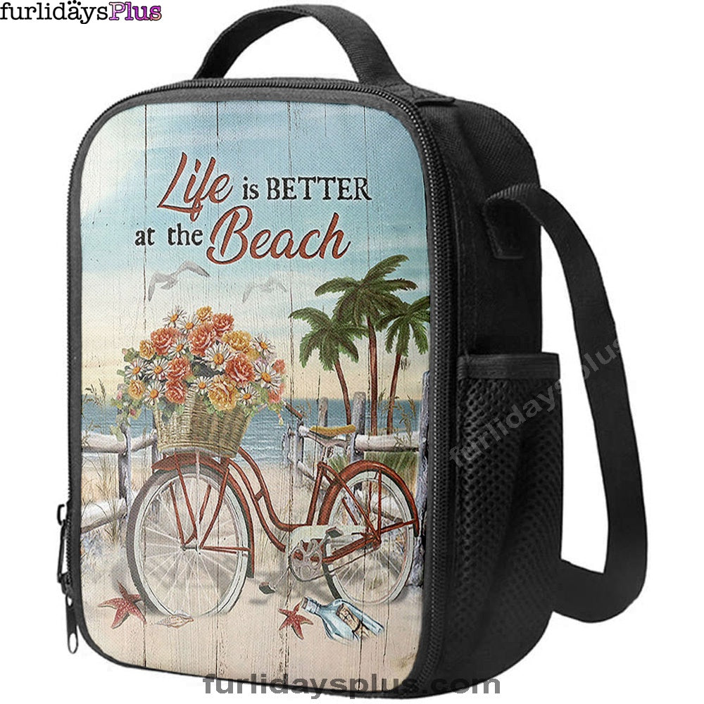 Life Is Better At The Beach Flower Basket Beach Cruiser Lunchbag, Christian Lunchbag, Religious Lunchbag