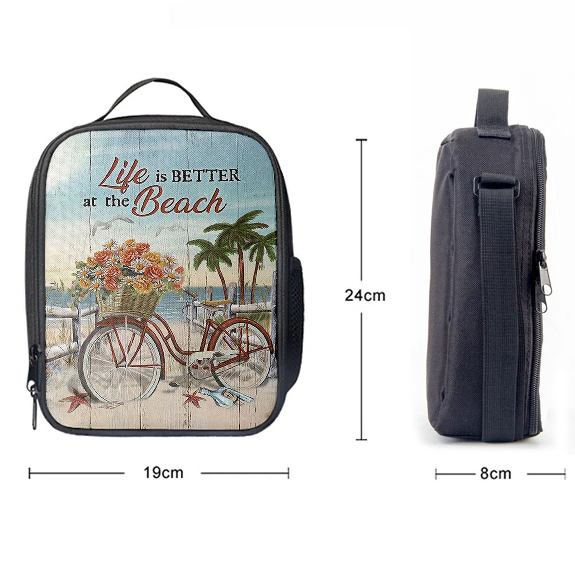 Life Is Better At The Beach Flower Basket Beach Cruiser Lunchbag, Christian Lunchbag, Religious Lunchbag