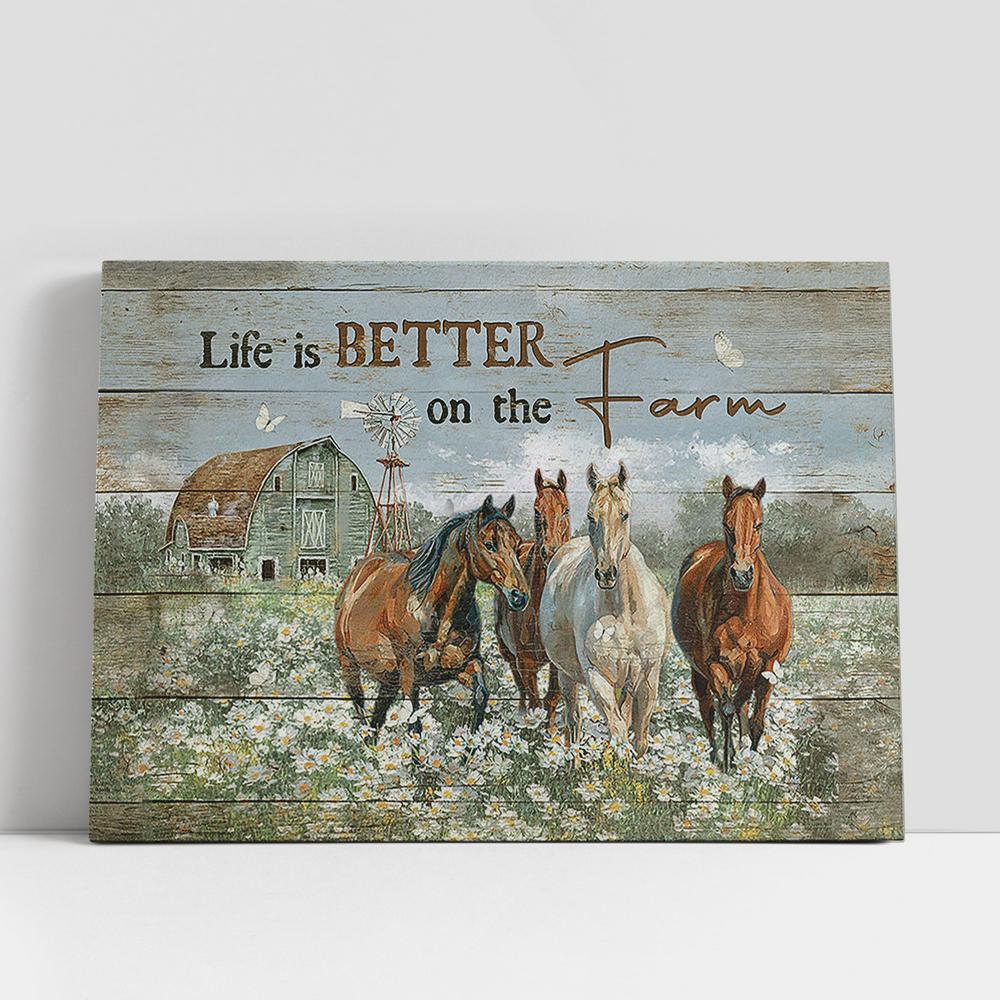 Life Is Better On The Farm Running Horse Daisy Field Wall Art Canvas, Christian Gifts Wall Decor, Gifts For Horse Lovers