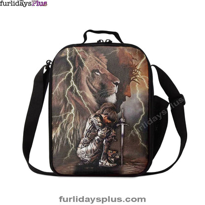 Lion And Knight Jesus Female Warrior Lunchbag, Christian Lunchbag, Religious Art