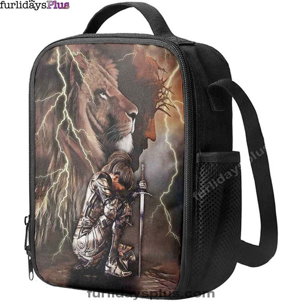 Lion And Knight Jesus Female Warrior Lunchbag, Christian Lunchbag, Religious Art
