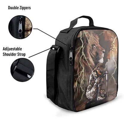 Lion And Knight Jesus Female Warrior Lunchbag, Christian Lunchbag, Religious Art