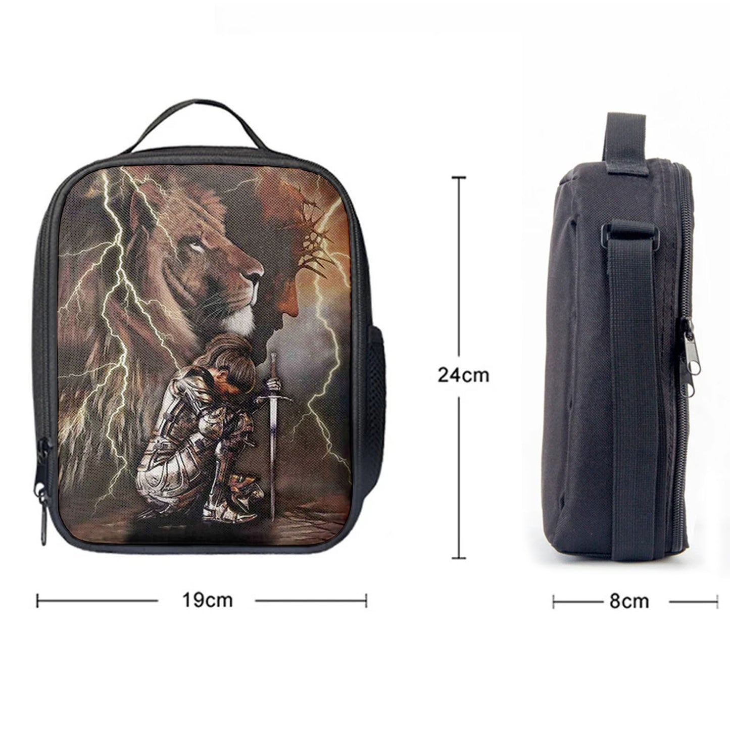 Lion And Knight Jesus Female Warrior Lunchbag, Christian Lunchbag, Religious Art