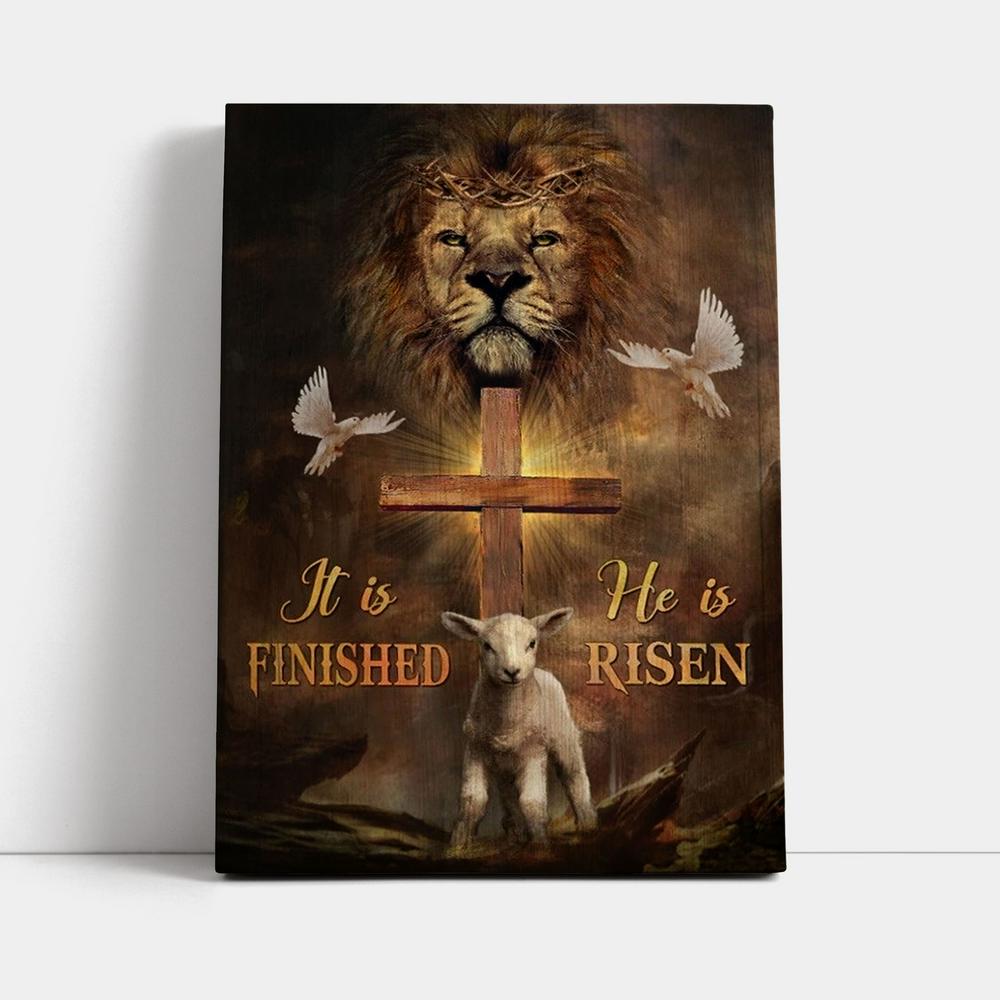 Lion Dove And Lamb Wooden Cross He Is Risen Canvas Poster
