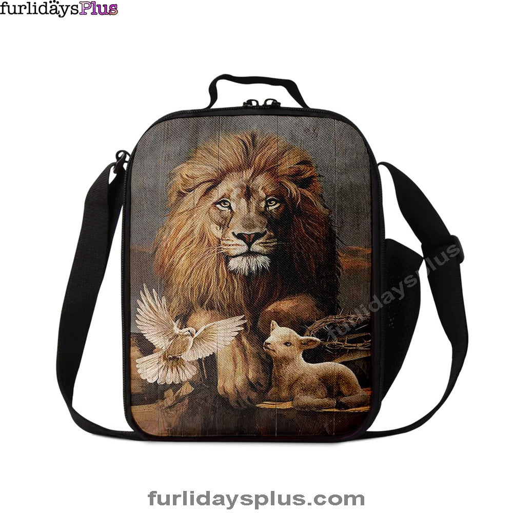 Lion Little Lamb And Beautiful Dove Lunchbag, Lion Lunchbag Print, Christian Lunchbag, Religious Lunchbag