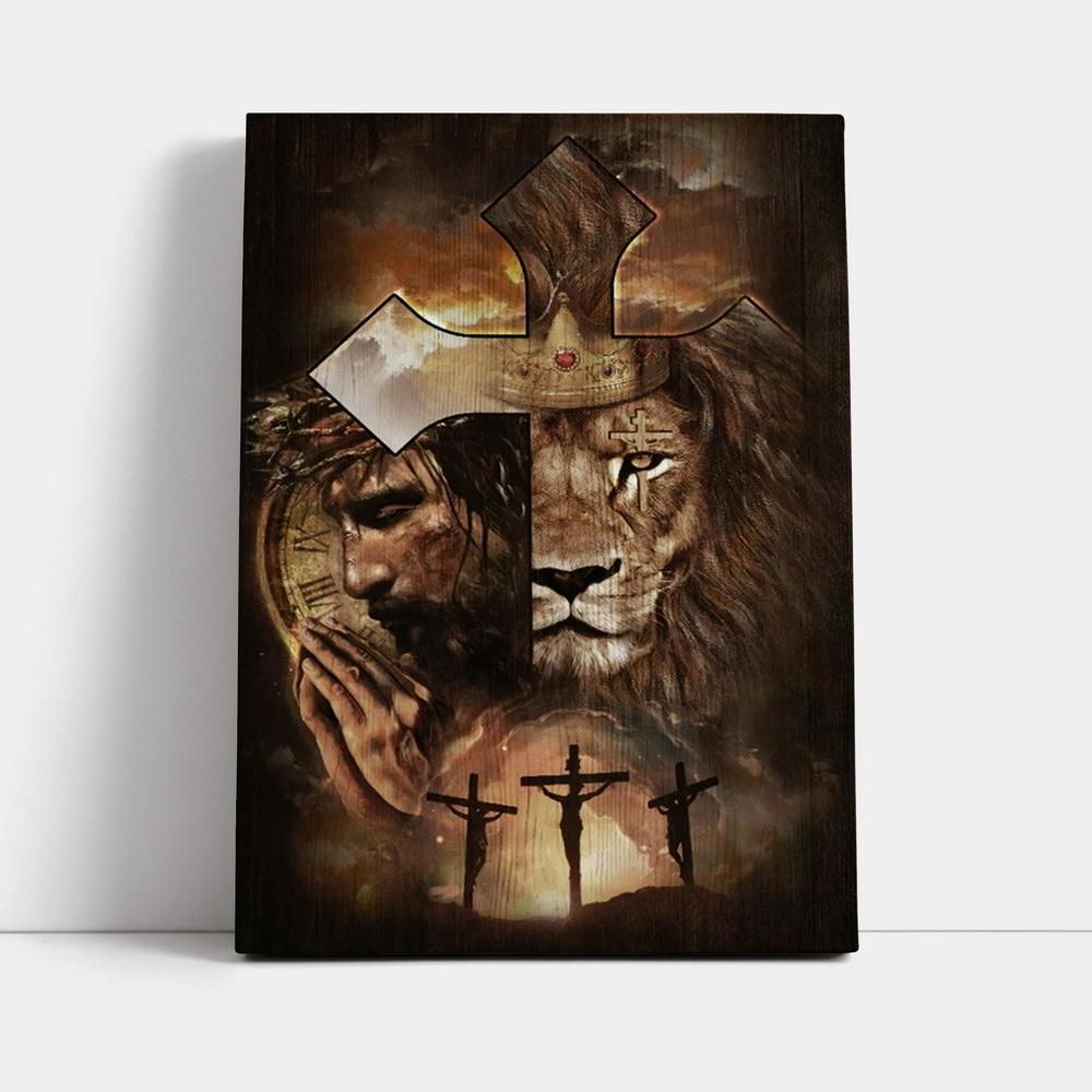 Lion Of Judah, Face Of Jesus, Golden Crown, Cross Canvas Poster