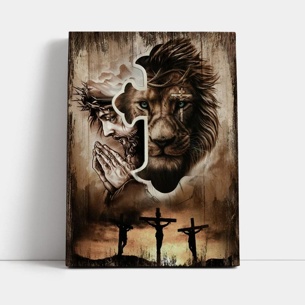 Lion Of Judah, Jesus Praying, Three Wooden Crosses, Sunset Sky Canvas Poster