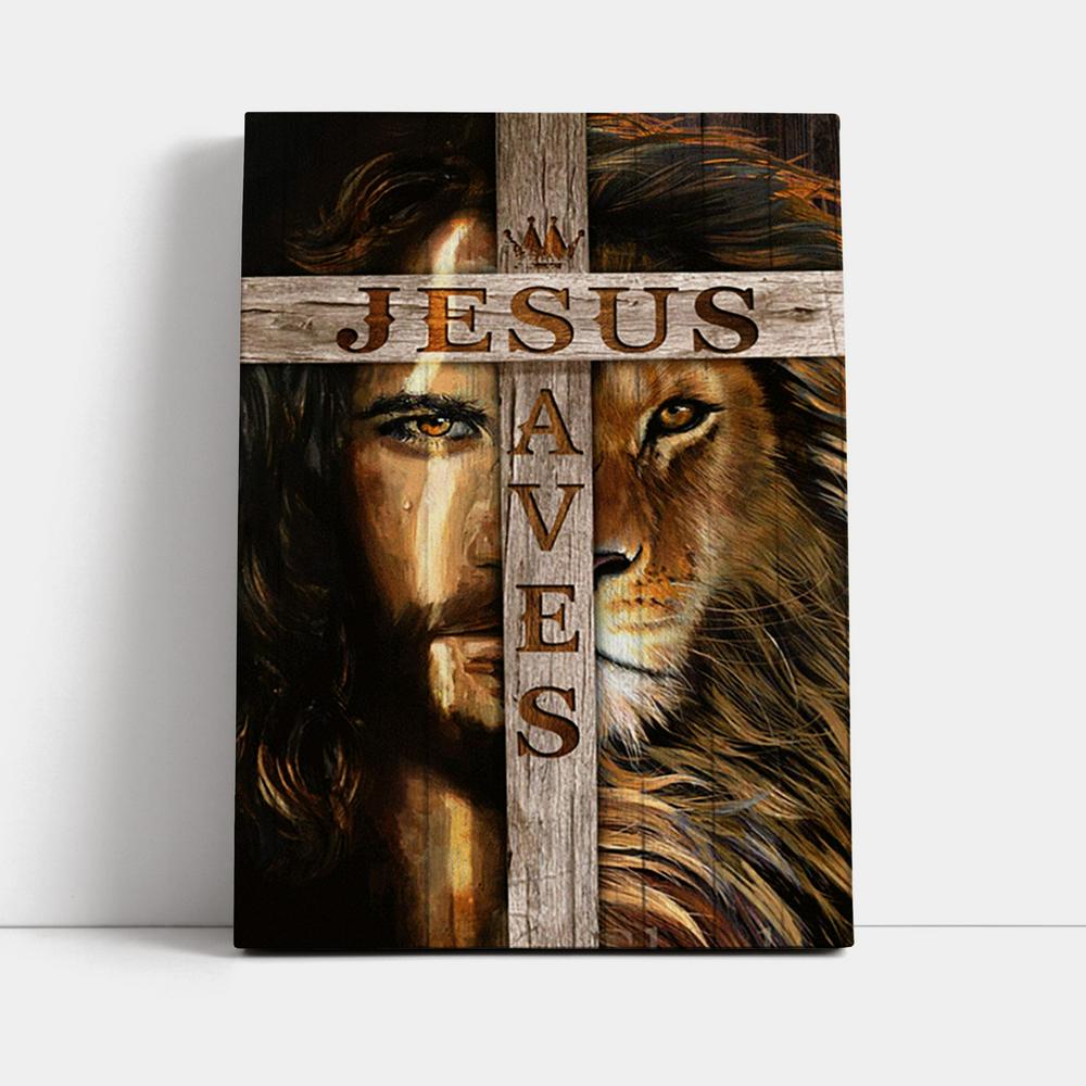 Lion Of Judah Wooden Cross Jesus Saves Canvas - Lion Canvas Print - Christian Wall Art - Religious Home Decor