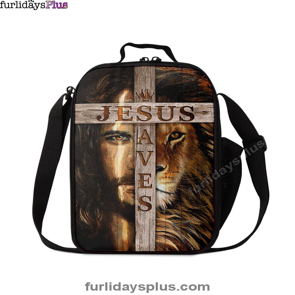 Lion Of Judah Wooden Cross Jesus Saves Lunchbag, Lion Lunchbag Print, Christian Lunchbag, Religious Lunchbag