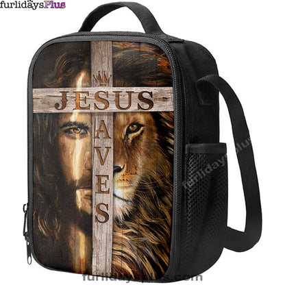 Lion Of Judah Wooden Cross Jesus Saves Lunchbag, Lion Lunchbag Print, Christian Lunchbag, Religious Lunchbag