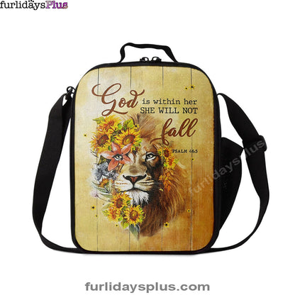 Lion Sunflower God Is Within Her She Will Not Fall Lunchbag, Christian Lunchbag, Bible Verse Lunch Bag
