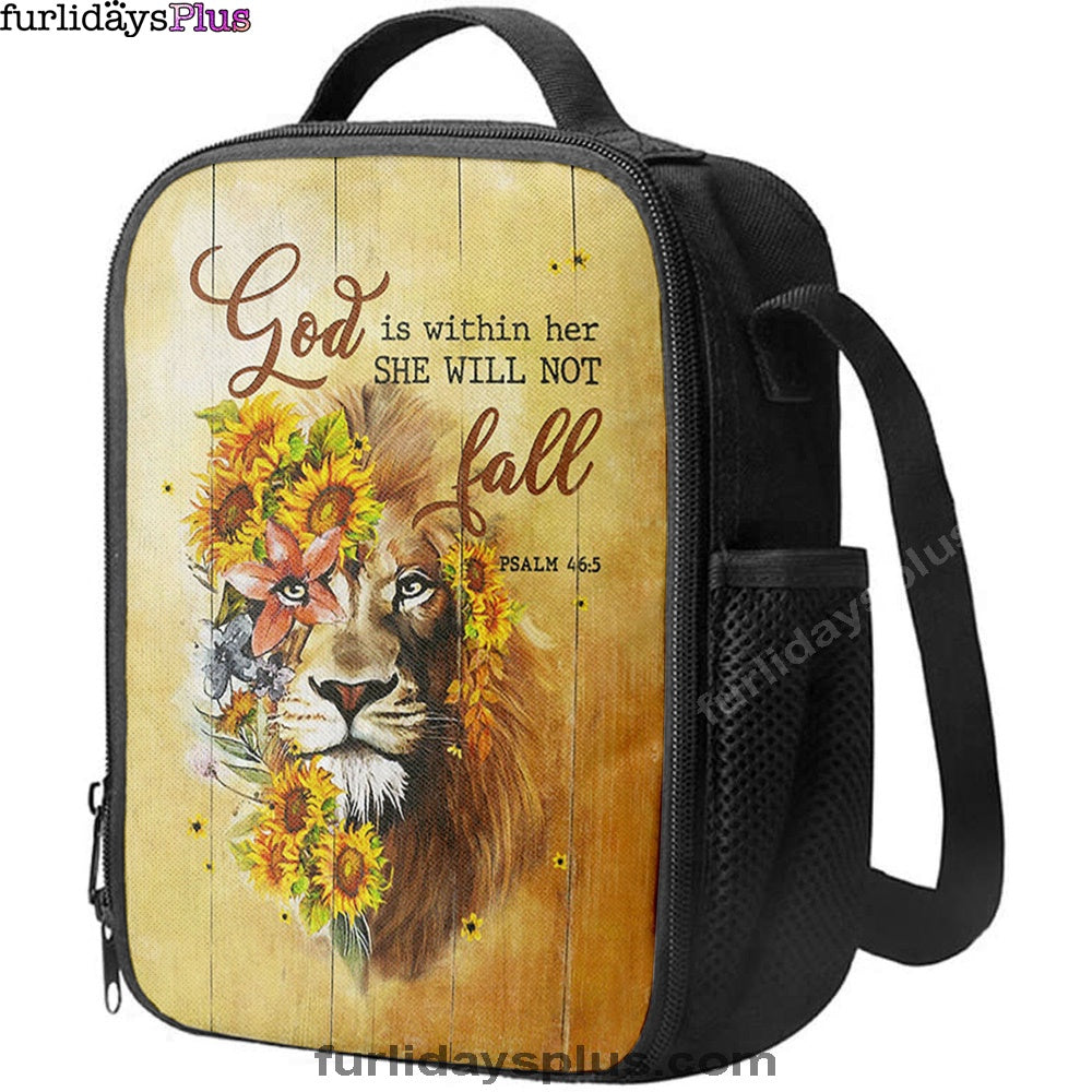 Lion Sunflower God Is Within Her She Will Not Fall Lunchbag, Christian Lunchbag, Bible Verse Lunch Bag