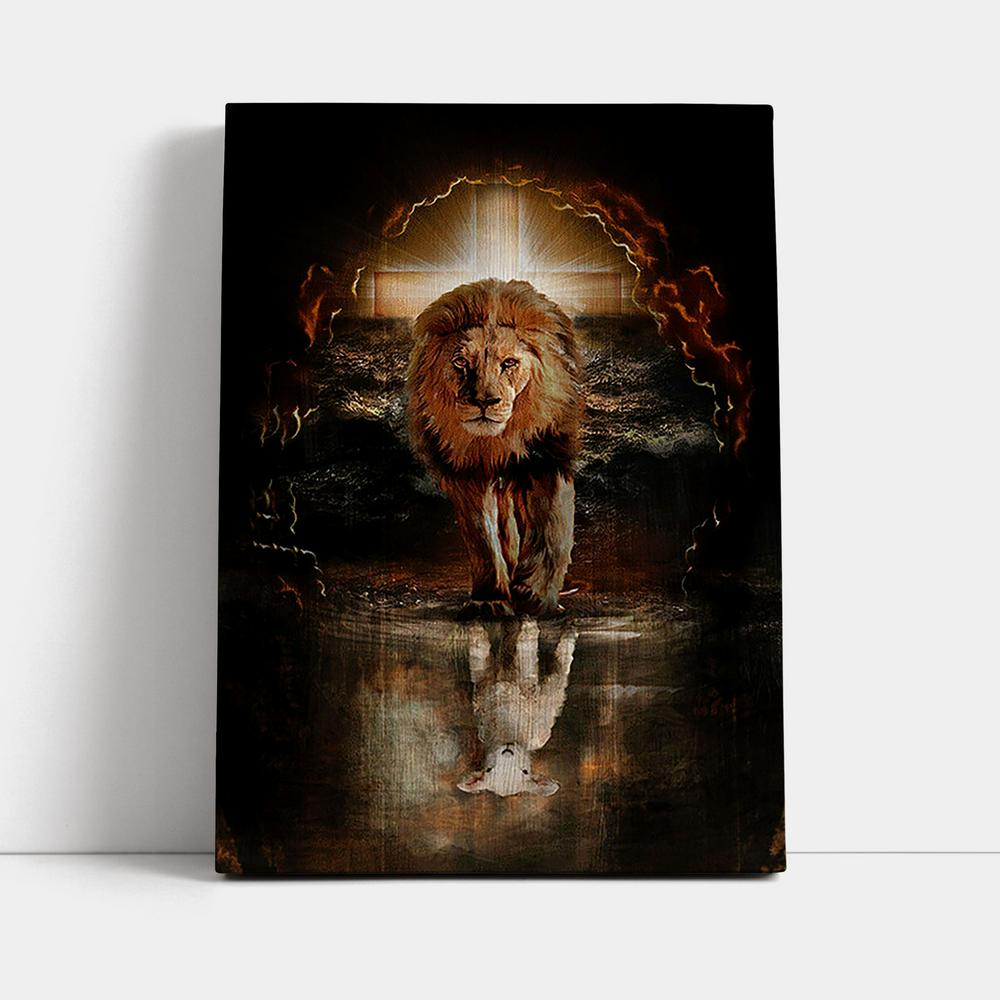 Lion White Lamb Cross On Tomb Canvas - Christian Wall Art - Religious Home Decor