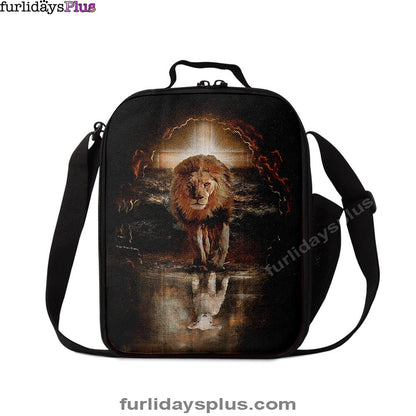 Lion White Lamb Cross On Tomb Lunchbag, Christian Lunchbag, Religious Lunchbag