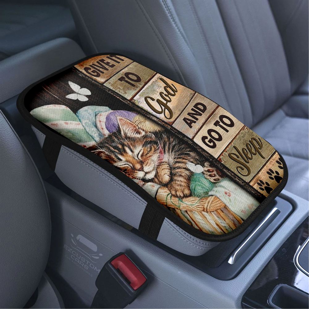 Little Cat Drawing Give It To God And Go To Sleep Car Center Console Cover, Bible Verse Car Armrest Cover