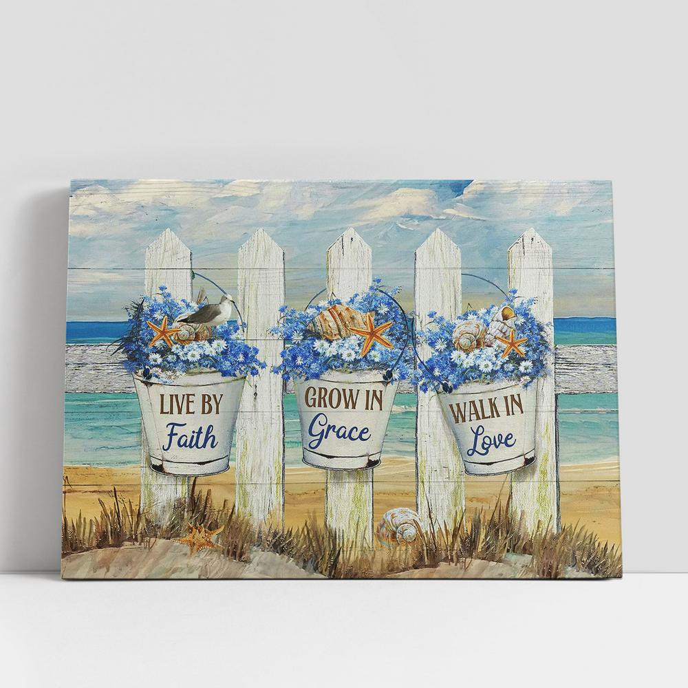 Live By Faith Baby Flower Beach Canvas Wall Art, Bible Verse Canvas, Religious Prints