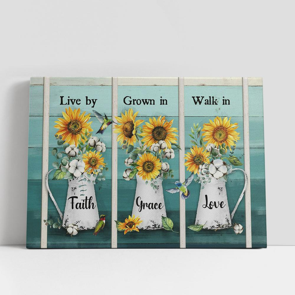 Live By Faith Grown In Grace Sunflower Vase Hummingbird Canvas Art, Bible Verse Wall Art, Wall Decor Christian Gifts