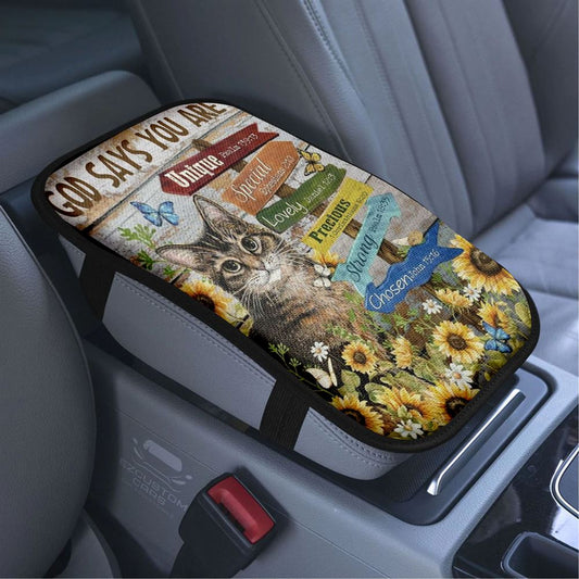 Lovely Cat, Sunflower Garden, Pretty Butterfly, God Says You AreCar Center Console Cover, Bible Verse Car Armrest Cover