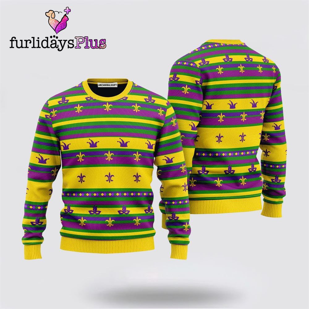 Mardi Gras Striped Yellow Sweater ,Christmas Ugly Sweater For Men, Women
