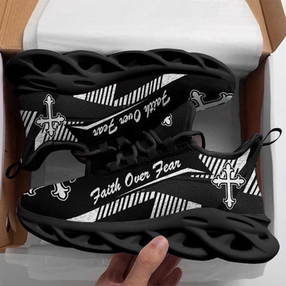Max Soul Shoes, Jesus Faith Over Fear Black Running Sneakers Max Soul Shoes, Jesus Christ Shoes