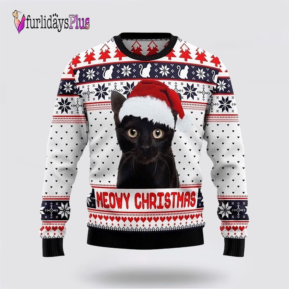 Meowy Black Cat Christmas White Sweater, Cat Lover Christmas Sweater