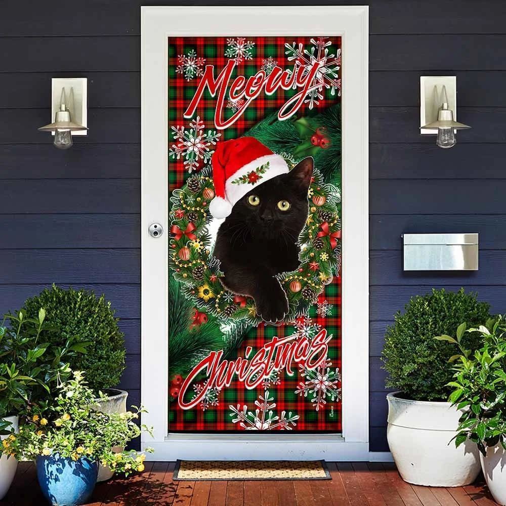 Meowy Christmas Door Cover, Black Cat Door Cover