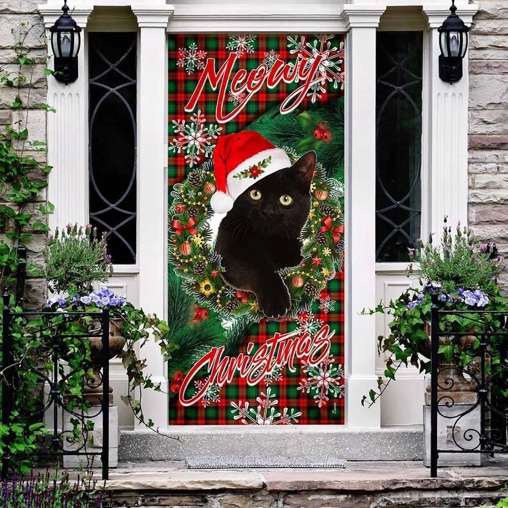 Meowy Christmas Door Cover, Black Cat Door Cover