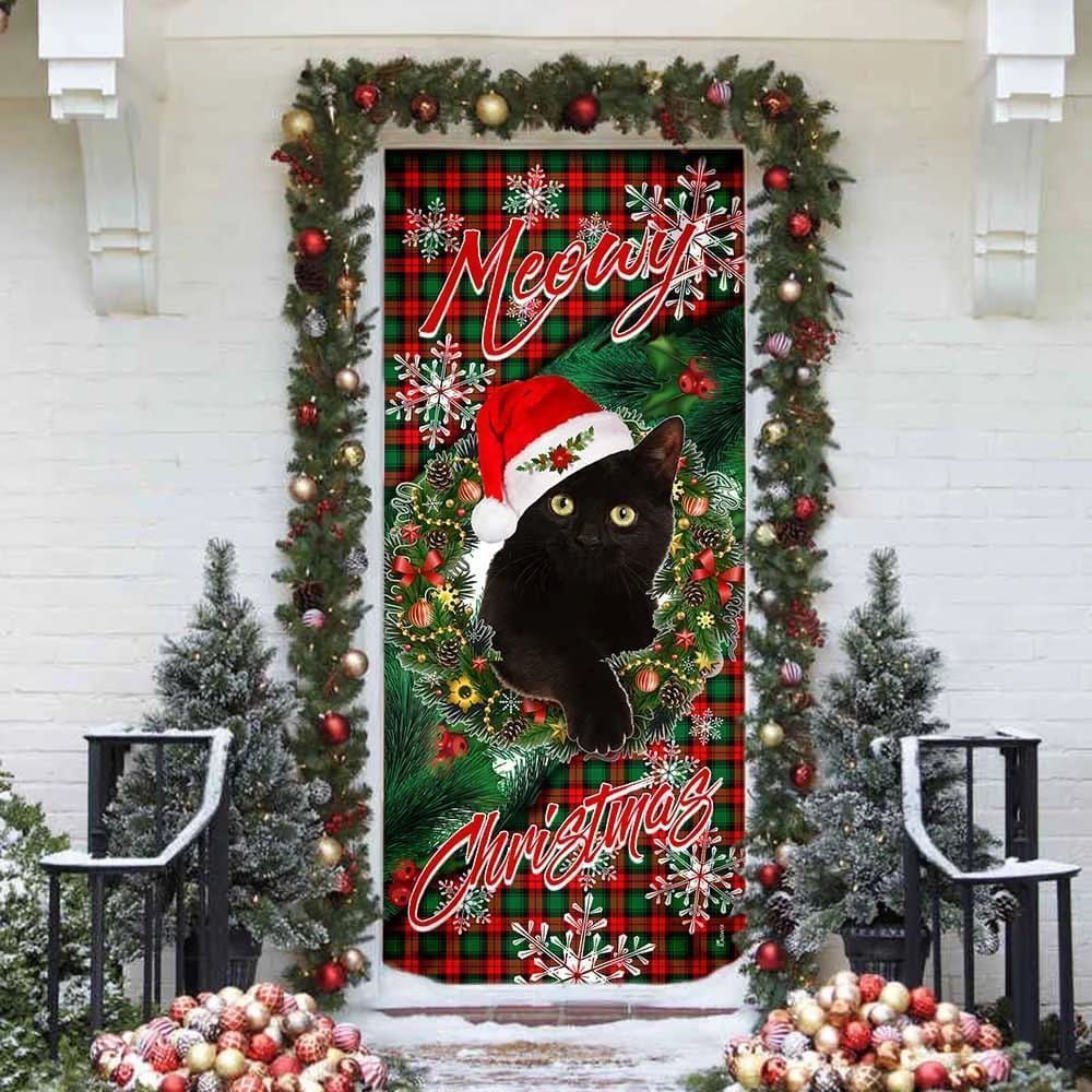 Meowy Christmas Door Cover, Black Cat Door Cover