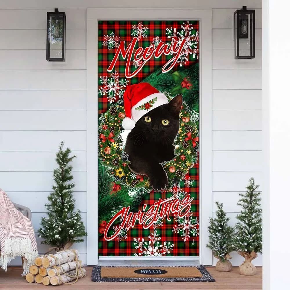 Meowy Christmas Door Cover, Black Cat Door Cover