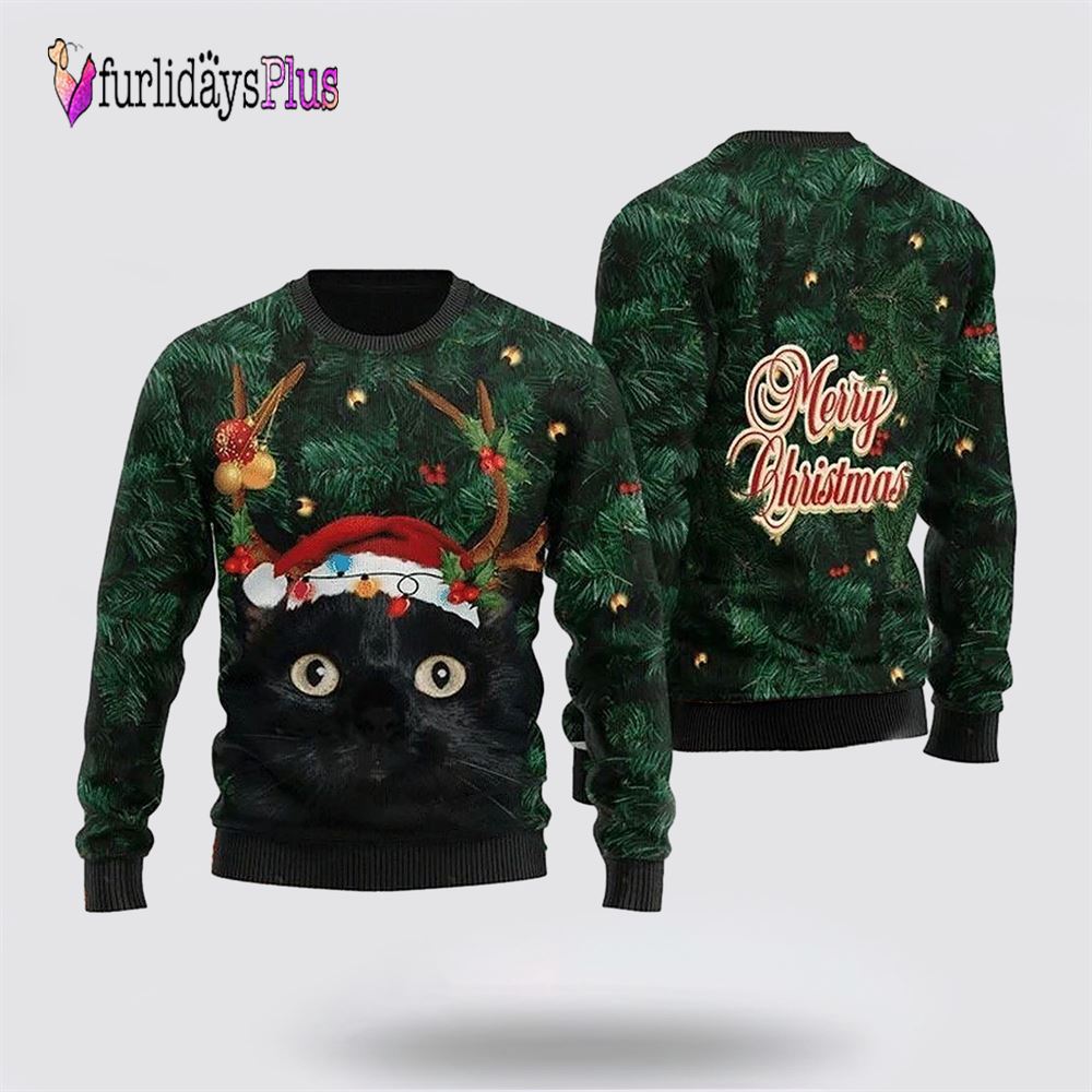 Merry Christmas Black Cat In Pine Tree Christmas Sweater, Cat Lover Christmas Sweater