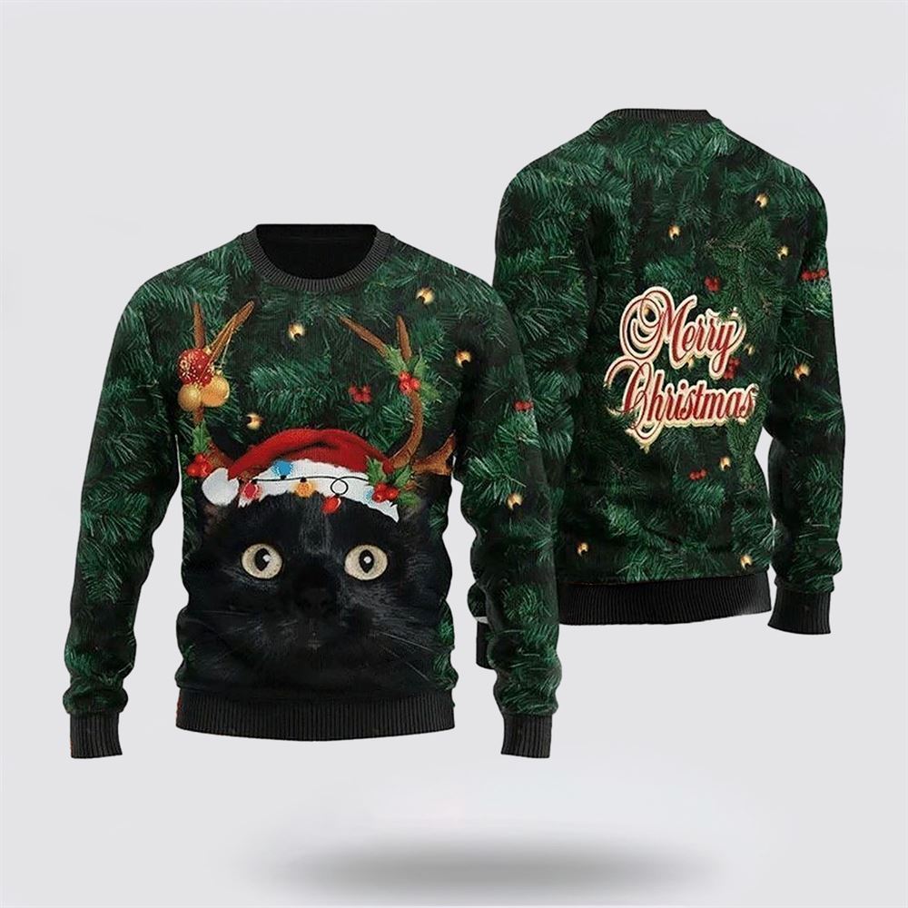 Merry Christmas Black Cat In Pine Tree Ugly Christmas Sweater, Christmas Sweater For Cat Lover