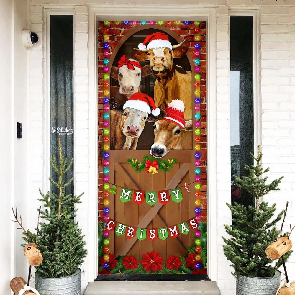 Merry Christmas Door Cover, Cow Cattle Door Cover, Unique Gifts Doorcover