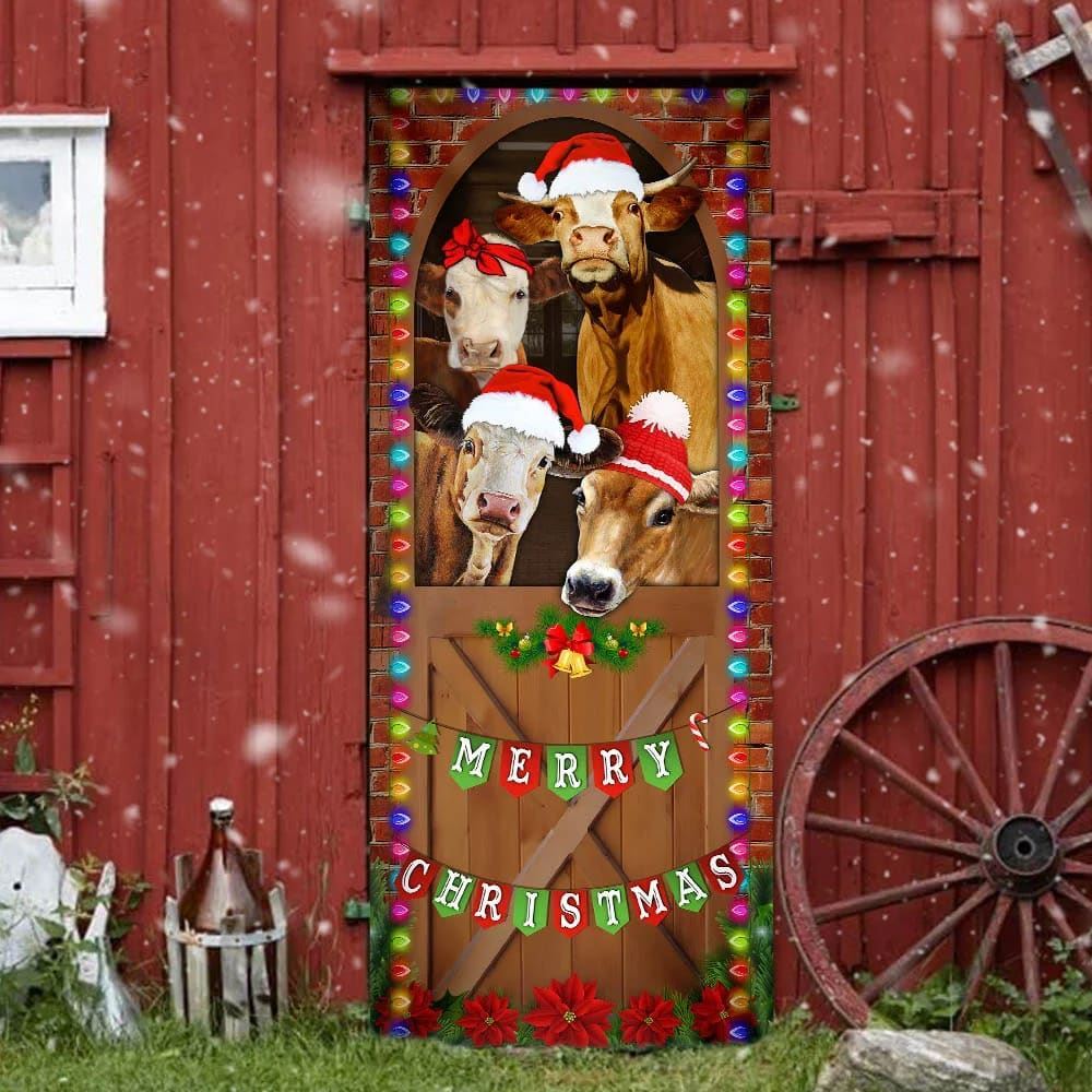 Merry Christmas Door Cover, Cow Cattle Door Cover, Unique Gifts Doorcover