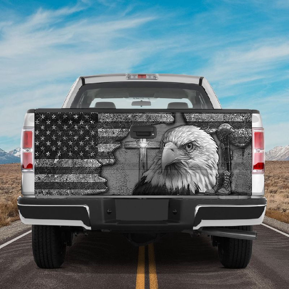 Military Car Wrap, American Eagle Tailgate Wrap Warrior Kneeing Tailgate Cover Fallen Veteran Decal Car Accessories