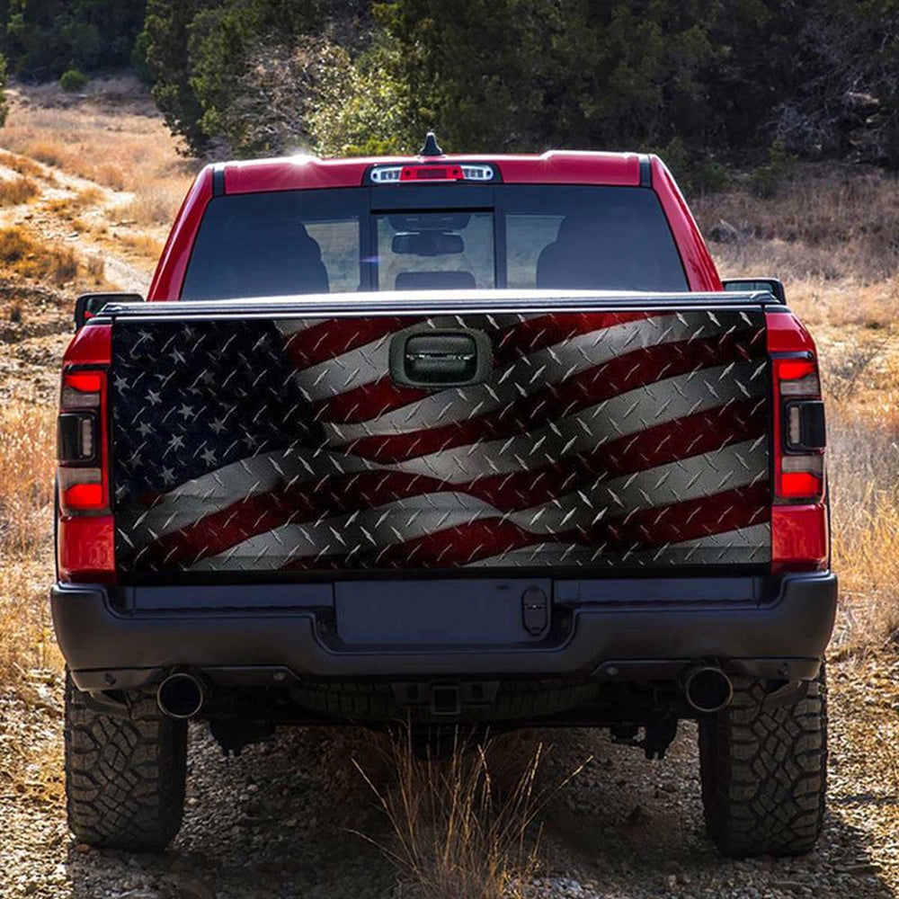 Military Car Wrap, American Flag Diamond Plate Tailgate Wrap Carbon Print American Pride