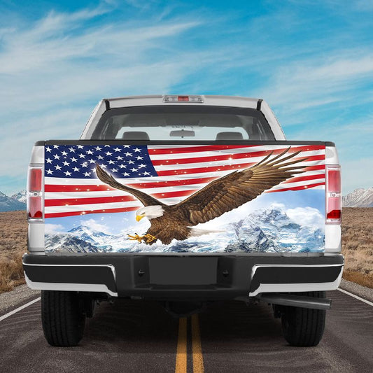 Military Car Wrap, Eagle American Flag Printed Tailgate Wrap Winter Moutain Landscape Car Decal For Independence Day