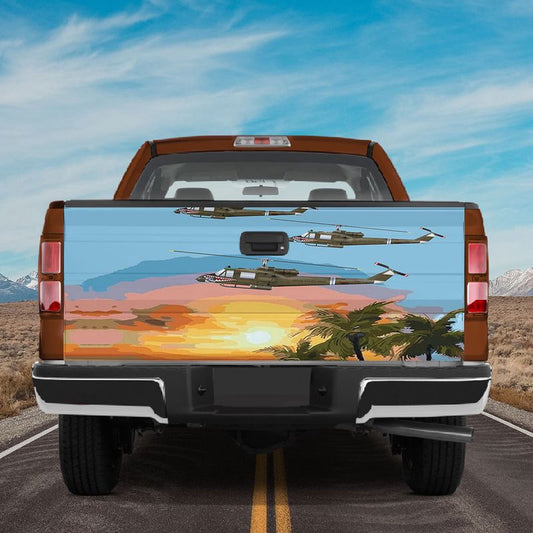 Military Car Wrap, Helicopters Sunrise Across Beach Painting Tail Gate Decal