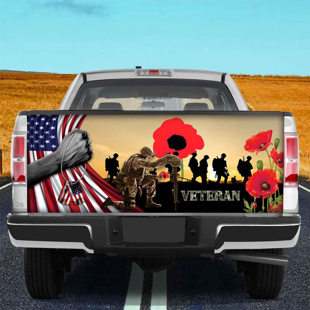 Military Car Wrap, Us Veteran Poppy Flower Tailgate Wrap Decal American Remembrance Day Truck Tailgate Decal Veteran