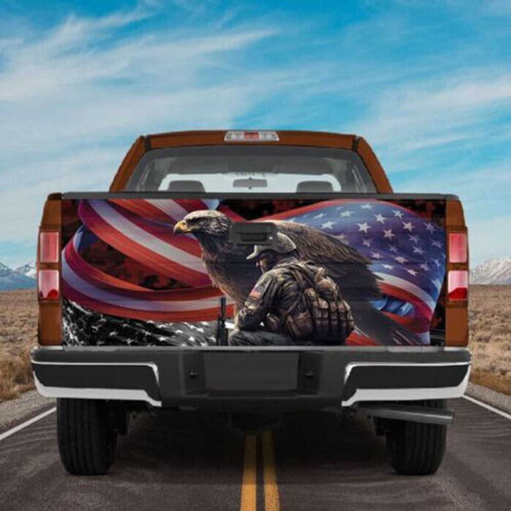 Military Car Wrap, Veteran Patriotic Eagle American Truck Tailgate Decal Sticker Wrap Memorial Day Remembrance Day Decor