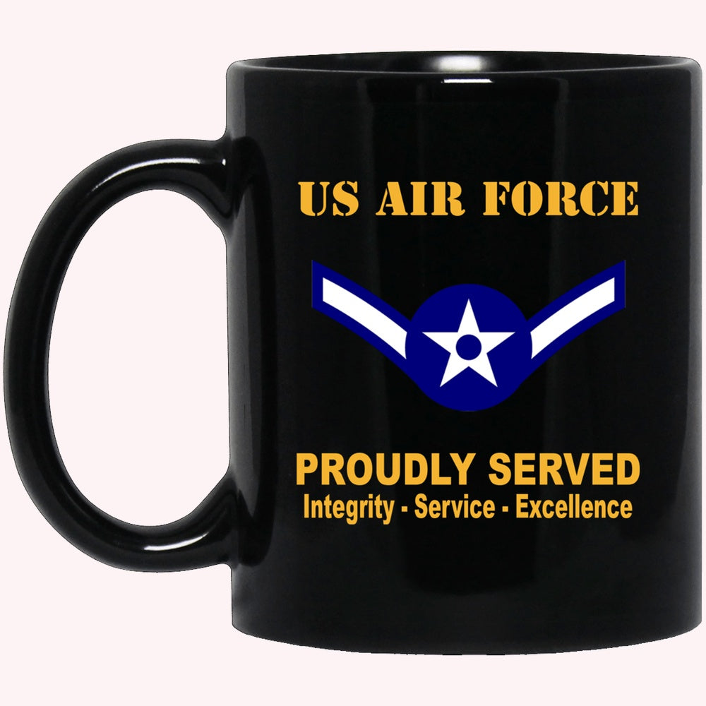 Military Coffee Mugs, US Air Force E-2 Airman Amn E2 Ranks Enlisted Airman Rank Proudly Served Black Mug