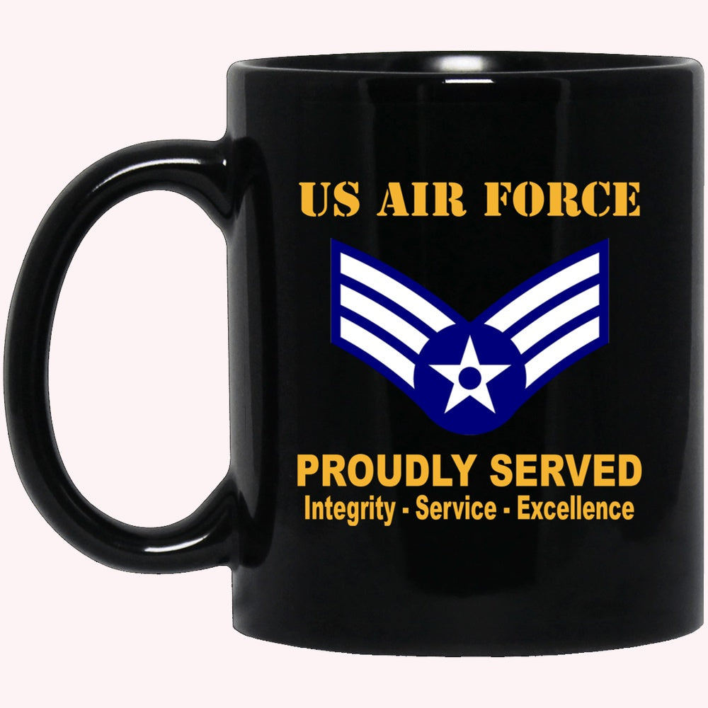 Military Coffee Mugs, US Air Force E-4 Senior Airman SrA E4 Enlisted Airman Ranks AF Rank Proudly Served Black Mug